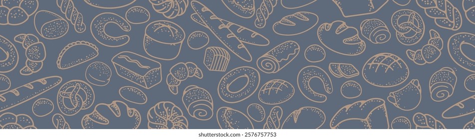 Various bakery products icon seamless pattern. Pastries buns grated pie french baguettes rye bread croissant bread chocolate roll pie braid cake effortless vector background