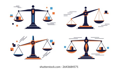 Ilustrações de várias escalas de equilíbrio mostrando justiça legal e equidade de princípios de direito