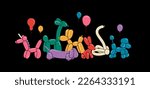 Various balloon animals collection. Festive set of inflatable unicorn, dog, bunny,  giraffe, dachshund, poodle, swan shapes. Birthday celebration party. Fancy abstract characters isolated vector