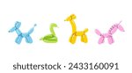 Various balloon animals collection. Festive set of inflatable dog, snake, unicorn, giraffe shapes. Birthday celebration party. Fancy abstract characters isolated vector