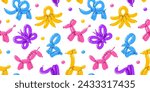 Various balloon animals collection. Festive seamless pattern inflatable dog, snake, unicorn, giraffe, rabbit, elephant, butterfly and octopus shapes. Birthday celebration party.