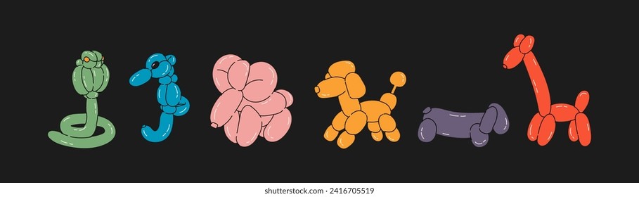 Various balloon animals collection. Festive set of inflatable snake, seahorse, elephant, poodle, giraffe shapes. Birthday celebration party. Fancy abstract characters isolated vector