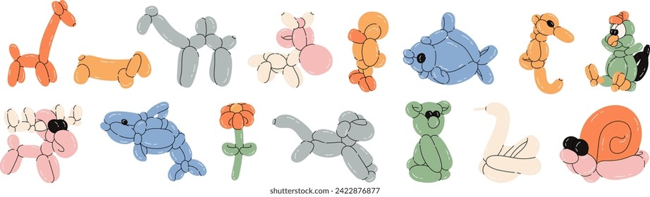 Various balloon animals collection. Festive set of inflatable dog, giraffe, fish, swan, flower, bear, monkey, rooster shapes. Birthday celebration party. Fancy abstract characters isolated vector