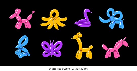 Various balloon animals collection. Festive set of inflatable dog, snake, unicorn, giraffe, rabbit, elephant, butterfly and octopus shapes. Birthday celebration party. Fancy abstract characters