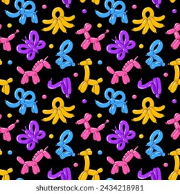 Various balloon animals collection. Festive seamless pattern inflatable dog, snake, unicorn, giraffe, rabbit, elephant, butterfly and octopus shapes. Birthday celebration party.