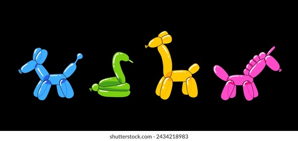 Various balloon animals collection. Festive set of inflatable dog, snake, unicorn, giraffe shapes. Birthday celebration party. Fancy abstract characters isolated vector