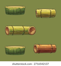 Varios segmentos de bambú, algunos cortados en recipientes y otros como tubos huecos, mostrando texturas naturales y tonos verdes.
