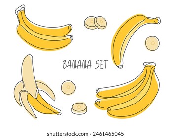 Various bananas set. Bunch, slices, peeled banana fruit isolated on white. Continuous line drawn modern illustration. Ingredient for dessert, smoothie, cocktail. Design element