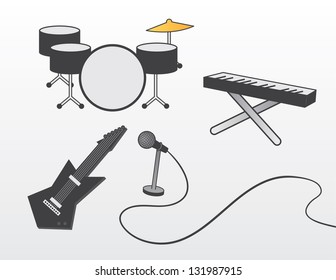 Various band instruments including guitar, drum set, piano and microphone.