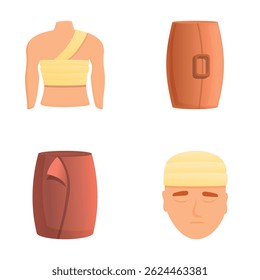 Vários ícones de bandagem definem o vetor de desenhos animados. Técnica de bandagem de trauma. Emergência médica de primeiros socorros