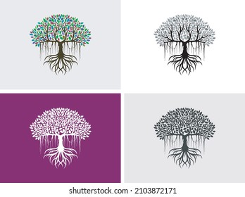 various of banyan tree illustration collections. tree and roots logo design. printable vector image