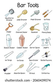 Various bar cocktail tool accessory instruments kit as shaker glasses strainers jiggers. Collection set of hand-drawn doodle cartoon style illustrations. A4 A3 standard paper size good for posters.