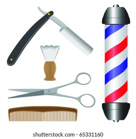 various barbershop items including razor, shaving brush, scissors, comb and barber pole.