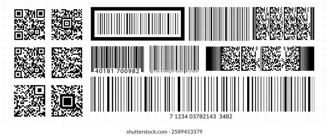 Various barcodes and QR codes in black and white. Includes different barcode styles and QR codes. Barcode and QR code designs for scanning and inventory. Electronic payment elements, vector set.