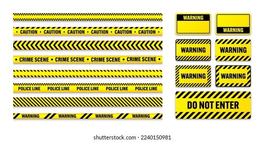 Various barricade construction tapes and warning shields. Yellow police warning line, brightly colored danger or hazard stripe, ribbon. Restricted area, zone. Attention symbol. Vector illustration