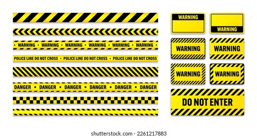 Various barricade construction tapes and warning shields. Yellow police warning line, brightly colored danger or hazard stripe, ribbon. Restricted area, zone. Attention symbol. Vector illustration