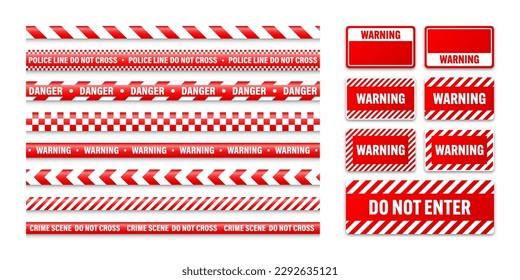 Various barricade construction tapes and warning shields. Red police warning line, brightly colored danger or hazard stripe, ribbon. Restricted area, zone. Attention symbol. Vector illustration