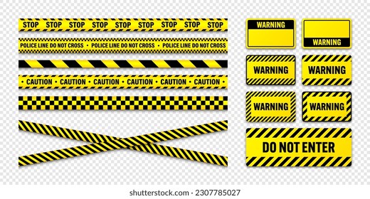 Various barricade construction tapes and warning shields. Yellow police warning line, brightly colored danger or hazard stripe, ribbon. Restricted area, zone. Attention symbol. Vector illustration
