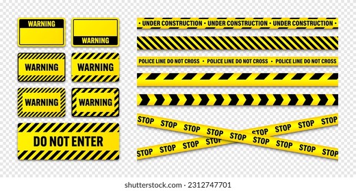 Various barricade construction tapes and warning shields. Yellow police warning line, brightly colored danger or hazard stripe, ribbon. Restricted area, zone. Attention symbol. Vector illustration
