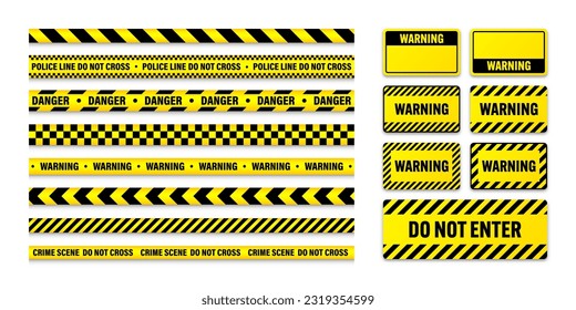 Various barricade construction tapes and warning shields. Yellow police warning line, brightly colored danger or hazard stripe, ribbon. Restricted area, zone. Attention symbol. Vector illustration