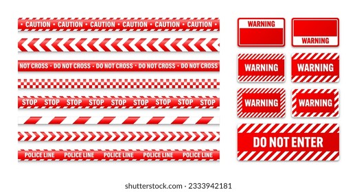 Various barricade construction tapes and warning shields. Red police warning line, brightly colored danger or hazard stripe, ribbon. Restricted area, zone. Attention symbol. Vector illustration