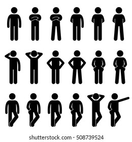 Various Basic Standing Human Man People Body Languages Poses Postures Stick Figure Stickman Pictogram Icons Set