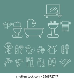 Various Bathroom Elements Icons Vector Set in Linear Style