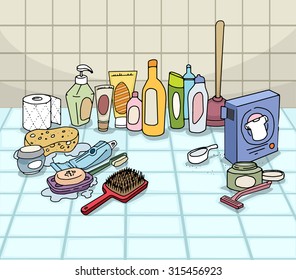 Various bathroom and hygienic objects, soaps, bottles, vector illustration
