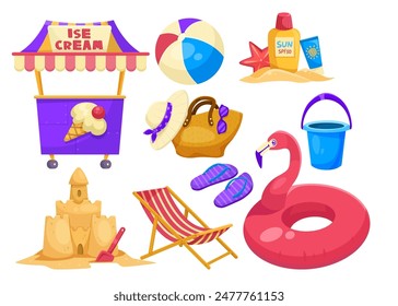 Varios artículos de playa, como un puesto de helados, chanclas, una pelota de playa, protector solar, un sombrero, una silla y un flamenco inflable sobre un fondo blanco. Ilustración vectorial