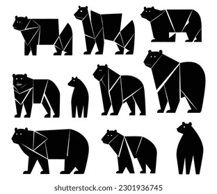 varias siluetas de oso sobre fondo blanco, en el estilo audaz y angular, uso de buen gusto del espacio negativo, césped arris, fernando botero, imágenes audaces, sombras contrastantes, contornos en negrita