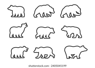 various bear silhouettes on the white background, bear icon set
