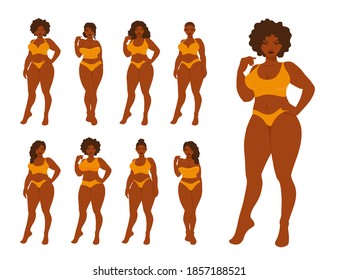 Various Beautiful African-American Women Wear Lingerie, Underwear, Swimwear. Curvy Attractive Woman, Plus Size Girl In A Full Length. Vector Illustration Set.