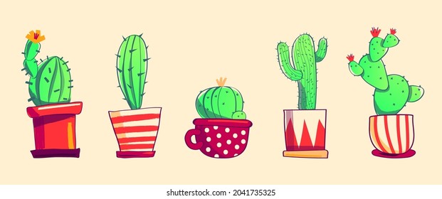 Various beautiful cacti are growing in the pots. Vector graphics.