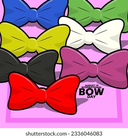 Various beautiful colorful ribbons, with bold text on pink background to celebrate International Bow Day on August 19