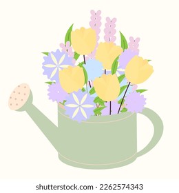 Various beautiful flower bouquets in a watering can. Spring elements