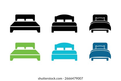 Various bed icon styles and colors on a white background. Ideal for illustrating sleep, rest, furniture or travel related content, useful in various design contexts.