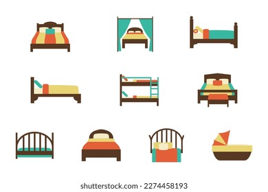 Various beds. Children's bed, double bed, single bed, bunk bed.