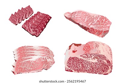 Various beef slice styles illustrations