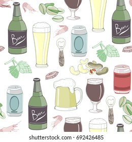 Various beer and appetizers. Colored graphic vector seamless pattern