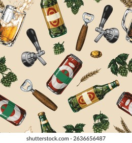 Various beer bottles cans and glasses are arranged on a textured background. Tools like bottle openers and taps enhance the brewery theme and celebrate craft brewing culture.