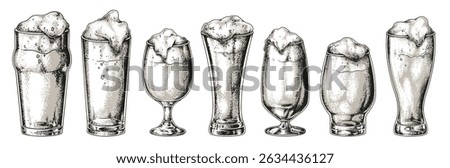 Various beer glasses are displayed showcasing different shapes and sizes each filled with frothy beer. This arrangement highlights the diversity in beer presentations.
