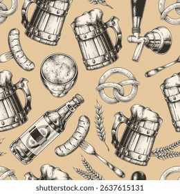 Various beer mugs bottles and sausages are arranged in a repetitive pattern over a beige background. This design showcases elements associated with beer culture and festivities.