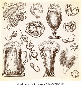 various beer mugs with beer ingredients and snacks like chips, nuts, cheese balls, onion rings in engraved vintage style. Oktoberfest vector set. Hand drawn brewery or pub design elements for decor