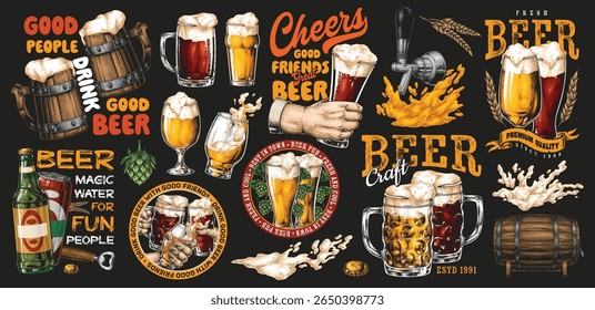 Various beer styles are highlighted showcasing glasses filled with frothy beer and barrels. The lively atmosphere celebrates good company and enjoyment of craft brews.