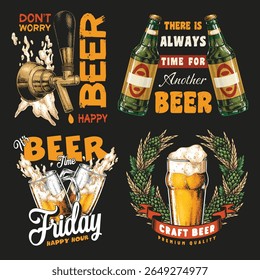 Various beer-themed graphics highlight the joy of beer in happy settings. Emphasizes the enjoyment of craft beer during social occasions especially on Fridays.