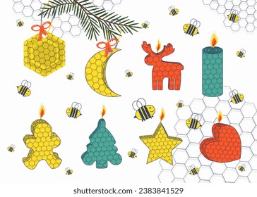 Various beeswax candles. Different shapes and sizes. heart, star, Christmas tree, elk, Gingerbread man, hand-rolled candle, Christmas tree moon toy, Honeycomb Christmas tree toy, handmade candles set.