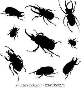 Various beetle silhouettes. Set of beetle, vector illustration, different shapes.