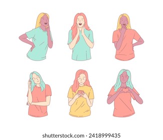 Various behavior pose happy expression woman character. Hand drawn line art style vector design illustrations.
