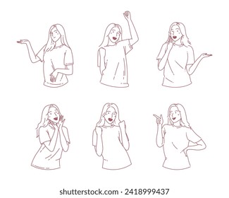 Various behavior pose happy expression woman character. Hand drawn line art doodle style vector design illustrations.