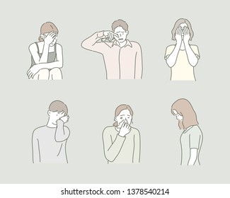 Various behavior pose sad expression people character. Hand drawn style vector design illustrations.